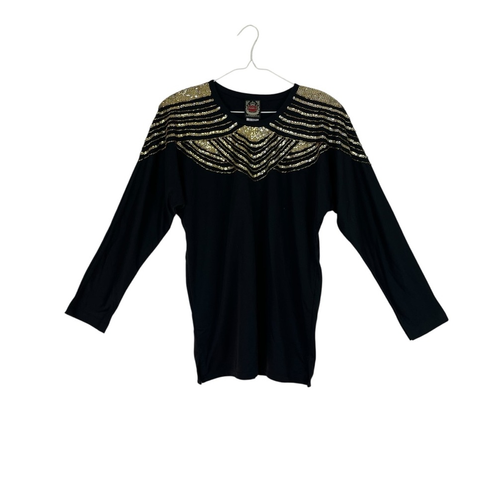 Vintage Deadstock Pearls Black Sequin Beaded Top Gold Shoulder Detail Size L